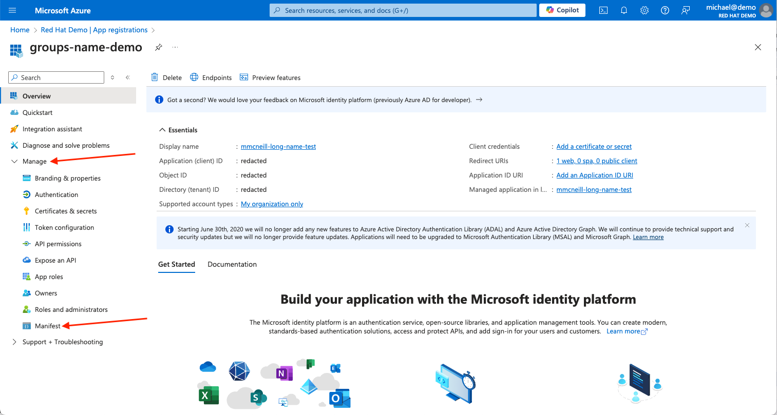 Azure Portal - App registration overview page with arrow pointing at the Manage sidebar menu and the Manifest blade