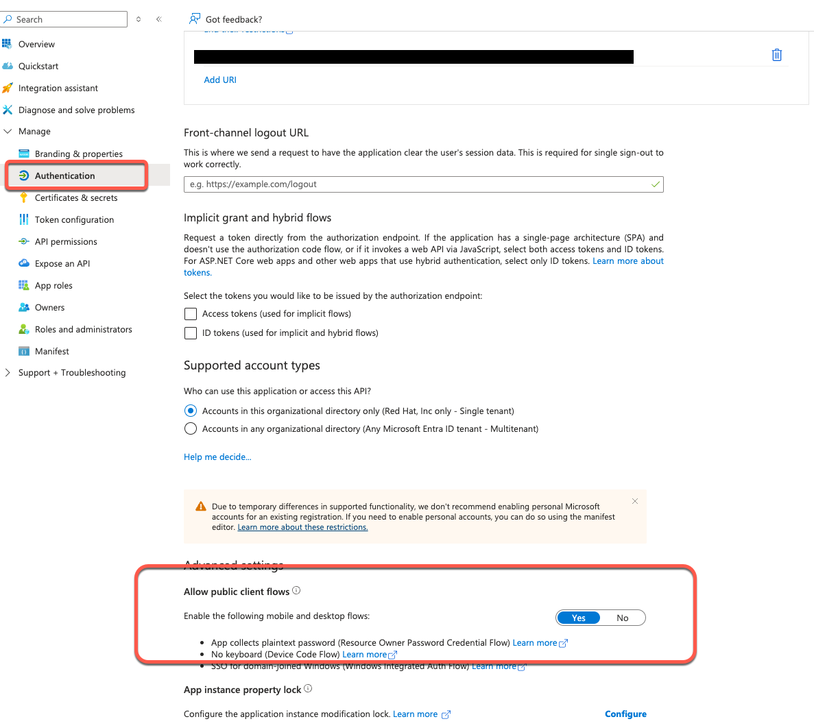 Azure Portal - Enable Public flows Authentication Page