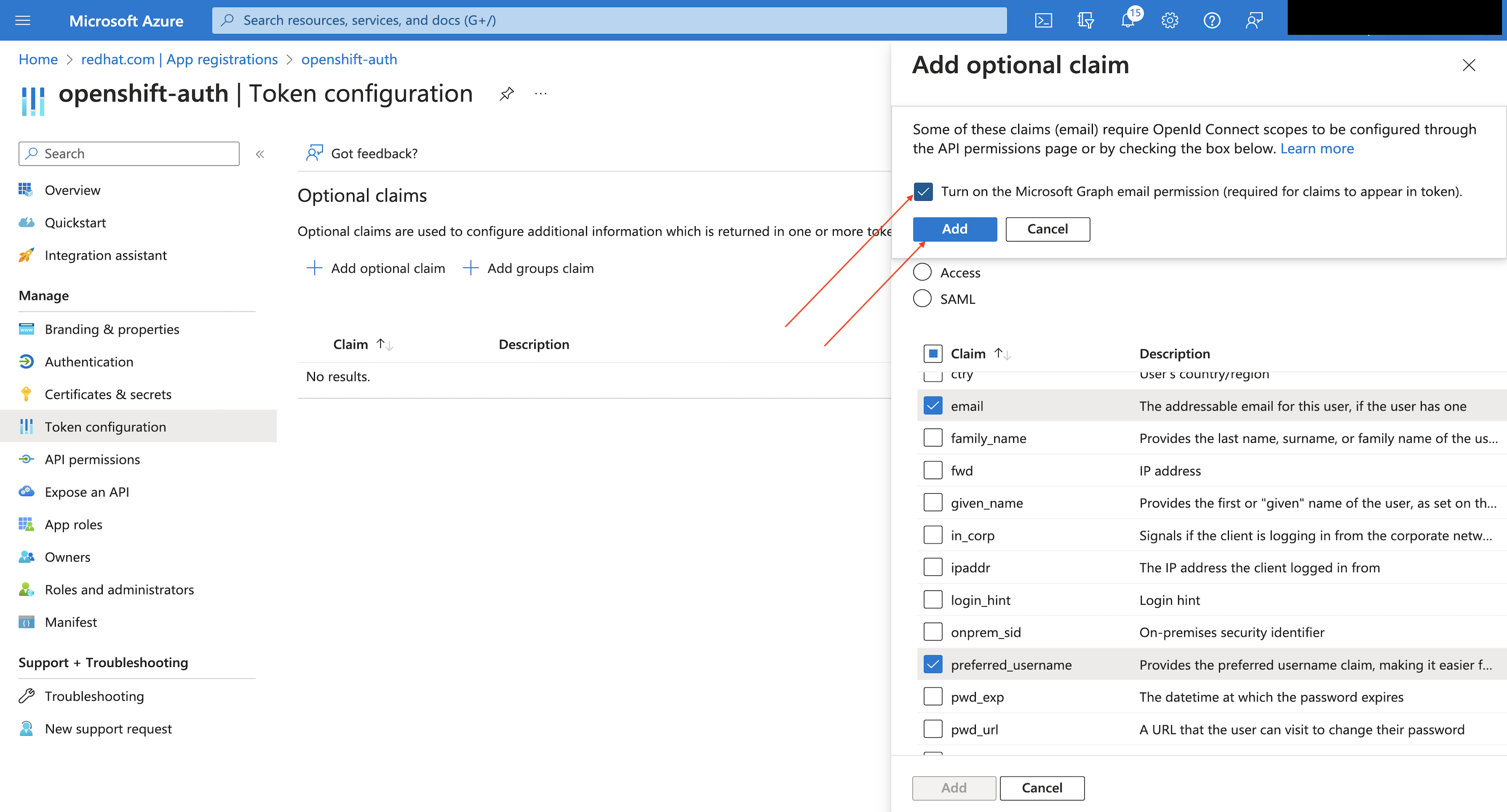 Azure Portal - Add Optional Claims - Graph Permissions Prompt