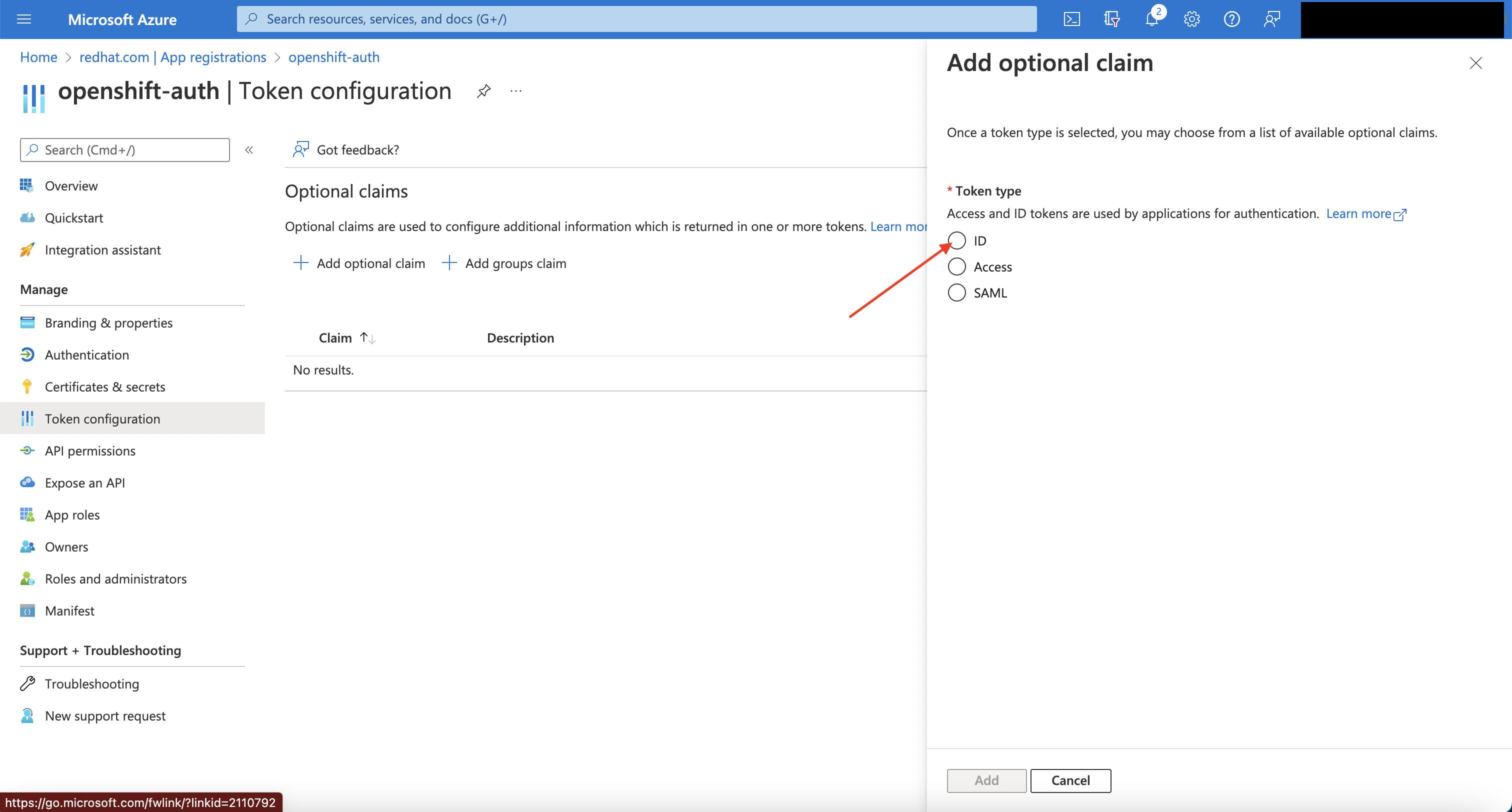 Azure Portal - Add Optional Claims - Token Type