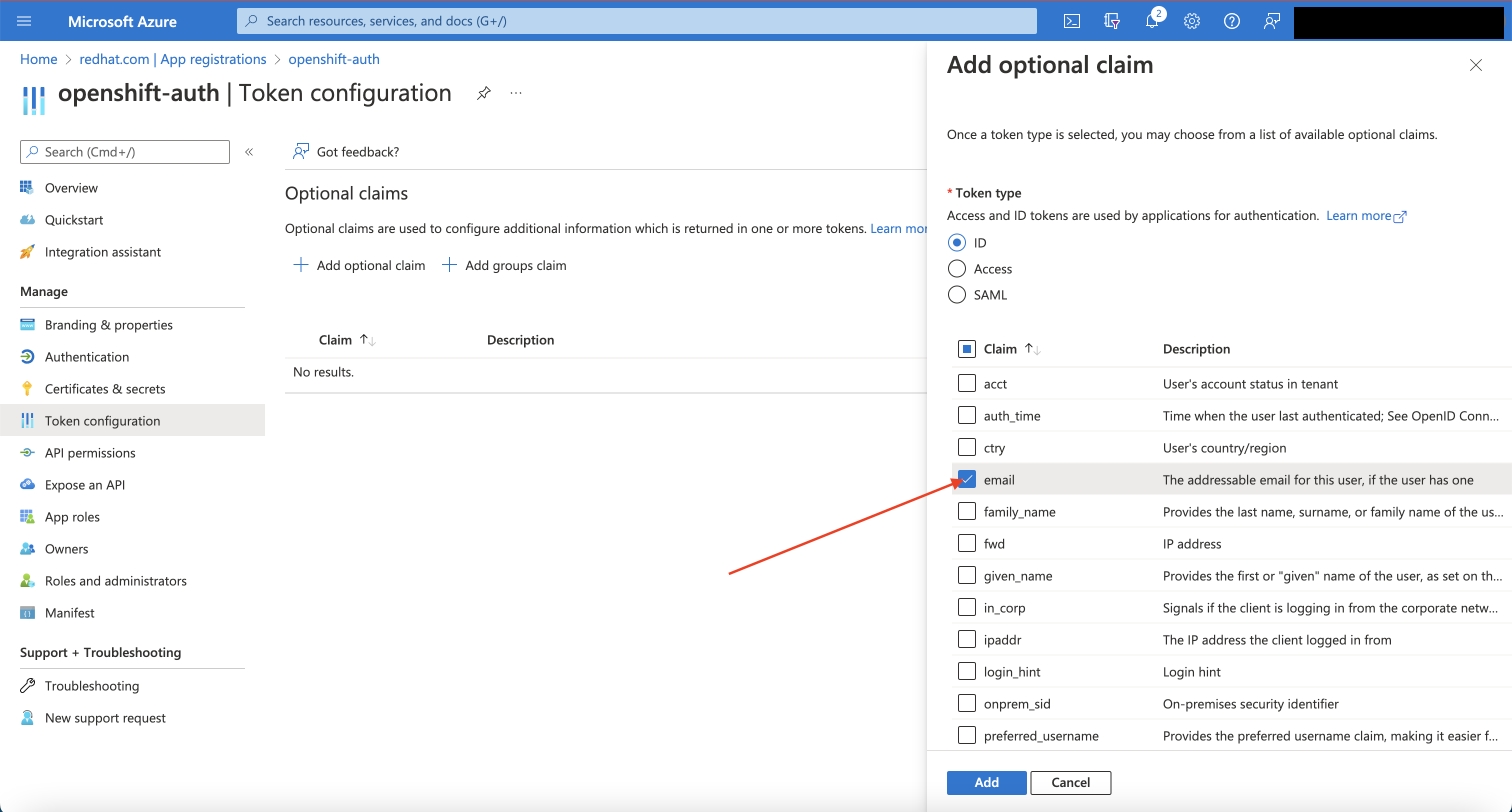 Azure Portal - Add Optional Claims - email