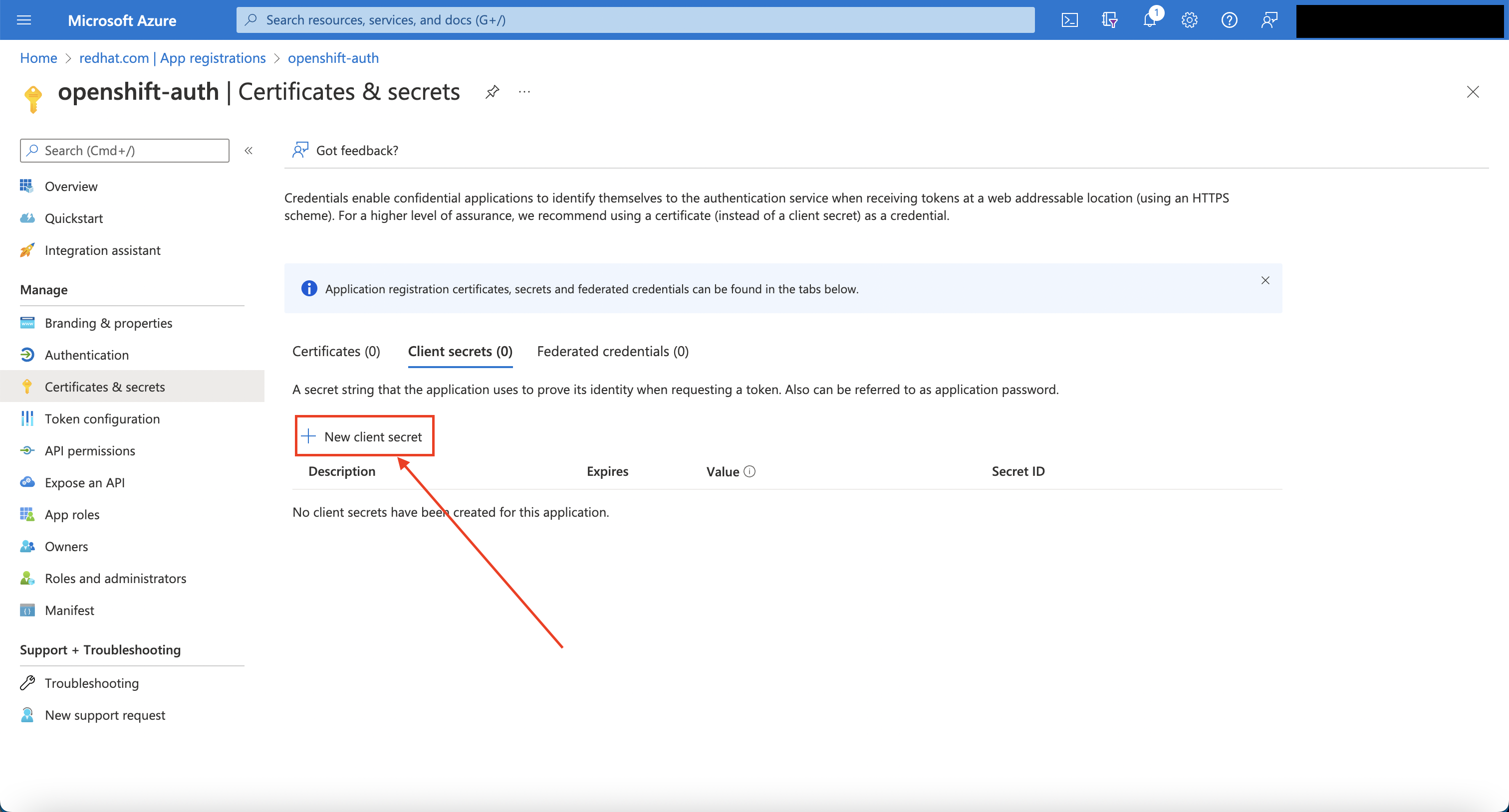 Azure Portal - Certificates & secrets page