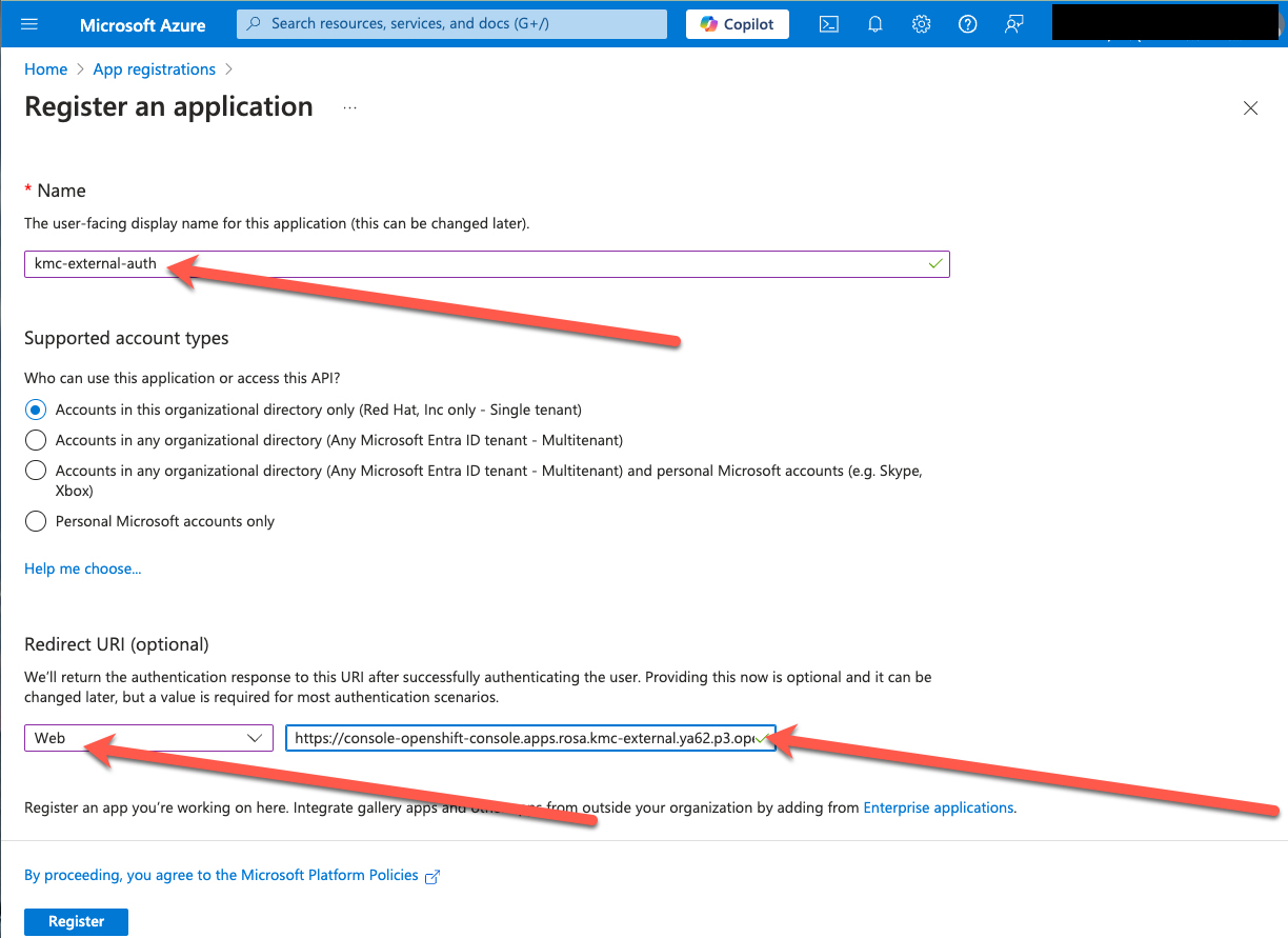 Azure Portal - Register an application page